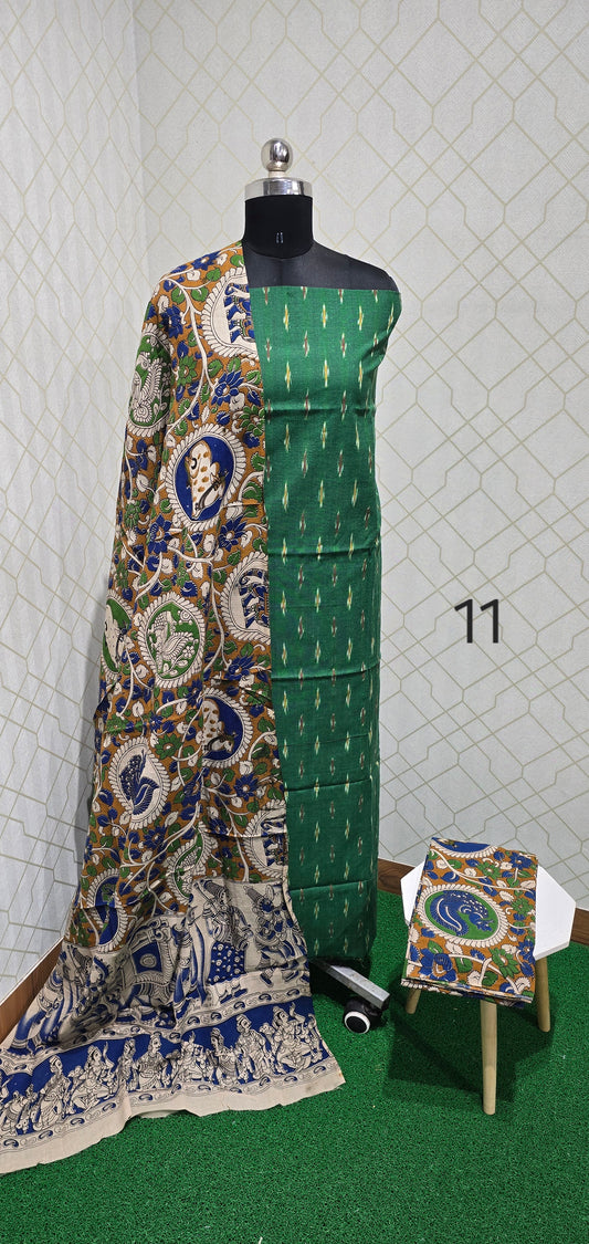 Ikkat Kalamkari Fusion : 3 piece Cotton suit - 11