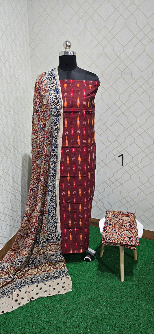 Ikkat Kalamkari Fusion : 3 piece Cotton suit - 01