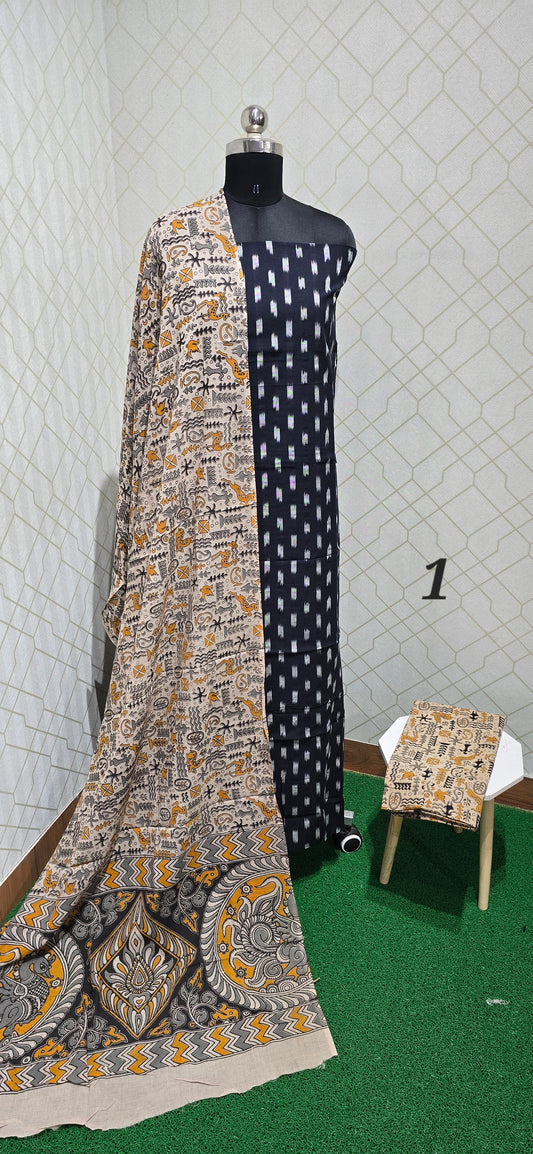 Ikkat Kalamkari Fusion : 3 piece Cotton suit - 01