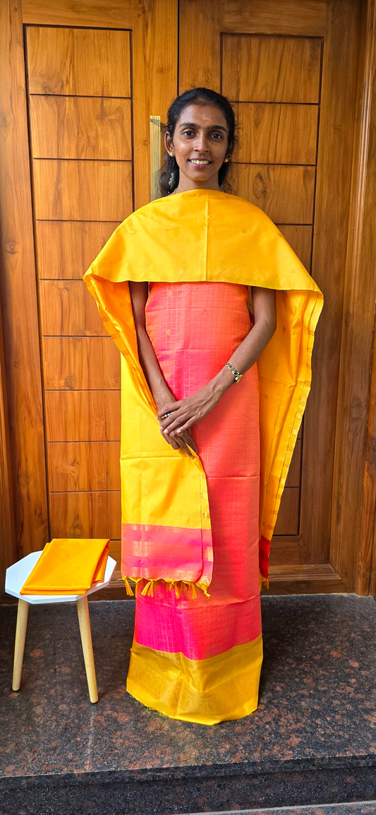 Preorder. Dispatch time 2 weeks. Checks zari weaved semi silk suits - 02