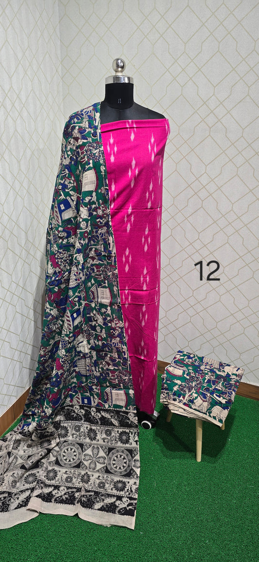 Ikkat Kalamkari Fusion : 3 piece Cotton suit - 12