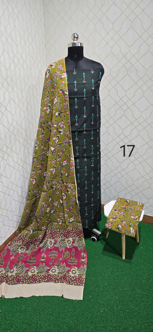 Ikkat Kalamkari Fusion : 3 piece Cotton suit - 17