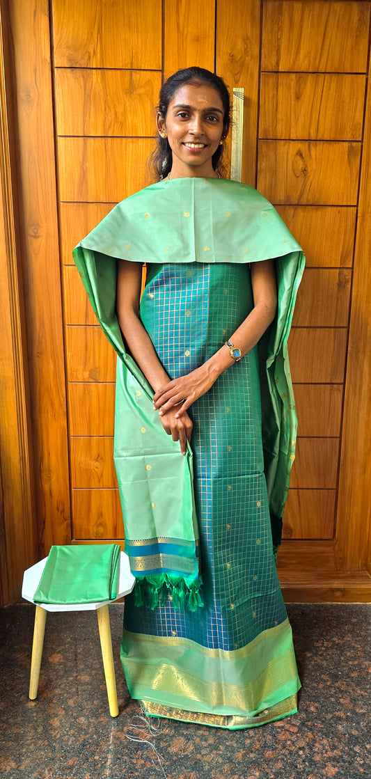 Preorder. Dispatch time 2 weeks. Checks zari weaved semi silk suits - 03