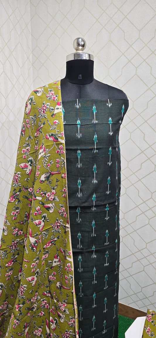Ikkat Kalamkari Fusion : 3 piece Cotton suit - 17