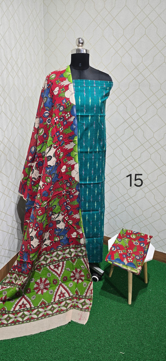 Ikkat Kalamkari Fusion :  3 piece Cotton suit - 15