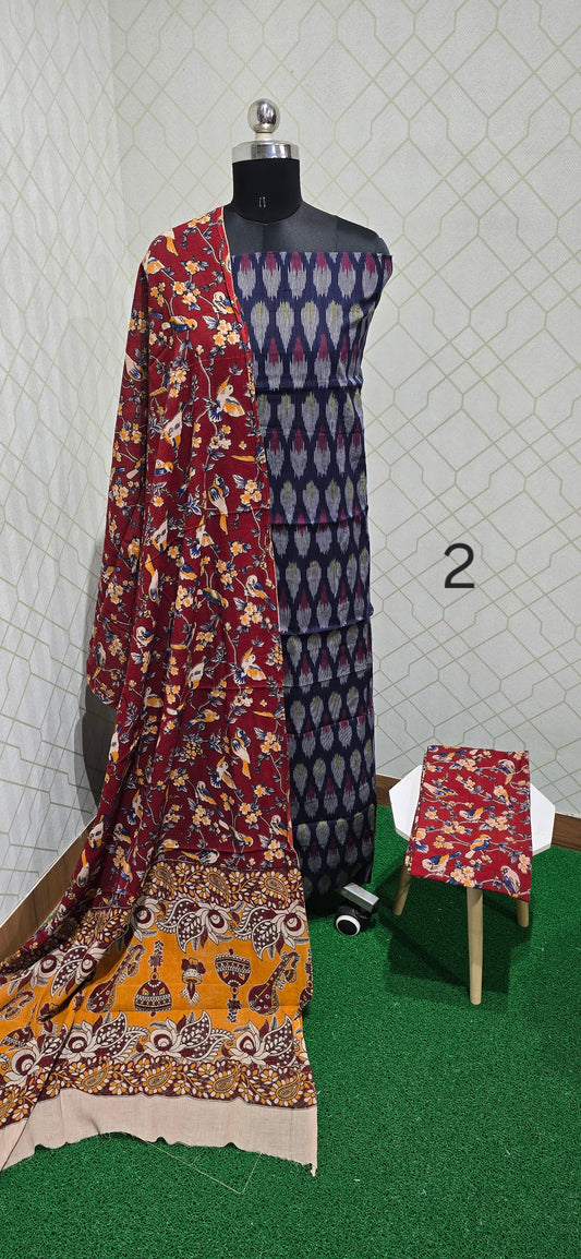 Ikkat Kalamkari Fusion :  3 piece Cotton suit - 02