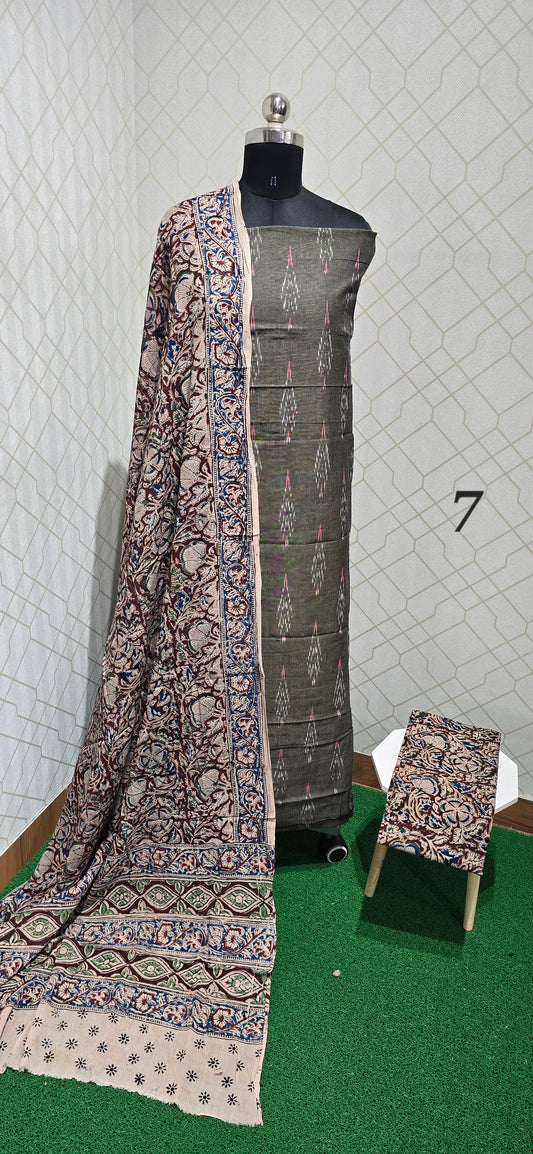 Ikkat Kalamkari Fusion :  3 piece Cotton suit - 07