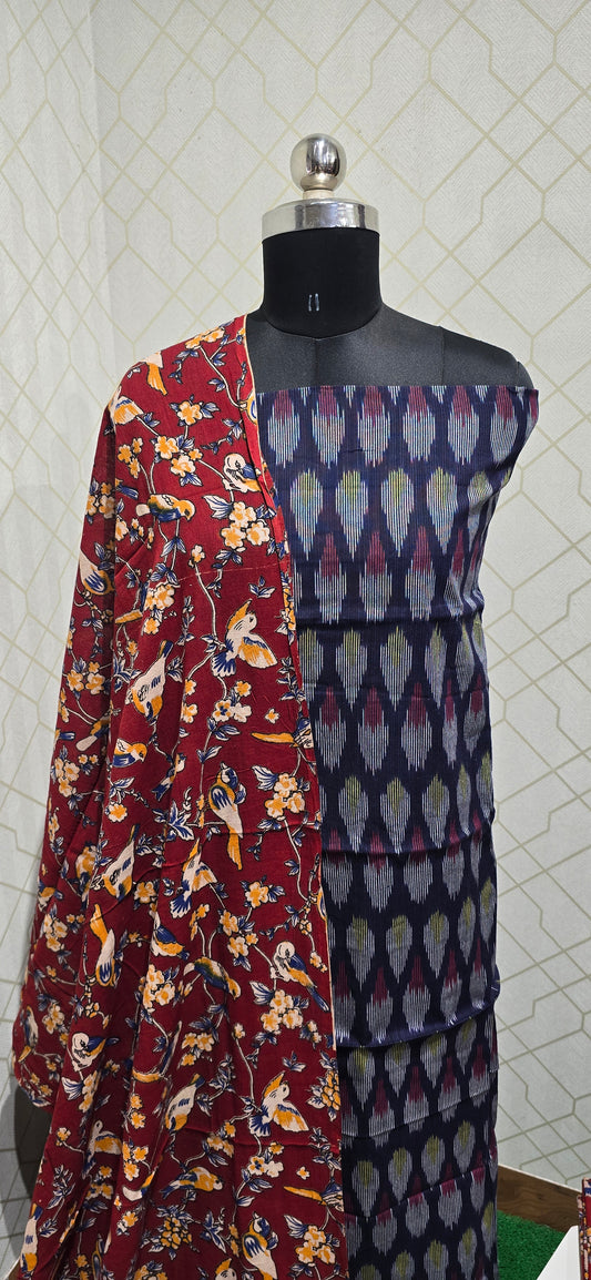 Ikkat Kalamkari Fusion :  3 piece Cotton suit - 02