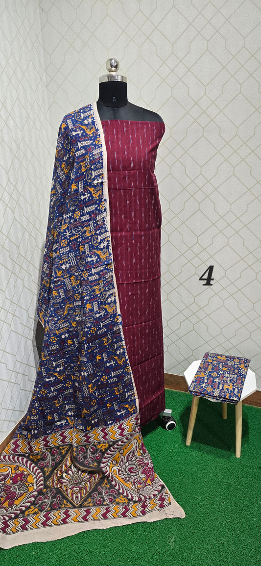 Ikkat Kalamkari Fusion :  3 piece Cotton suit - 04