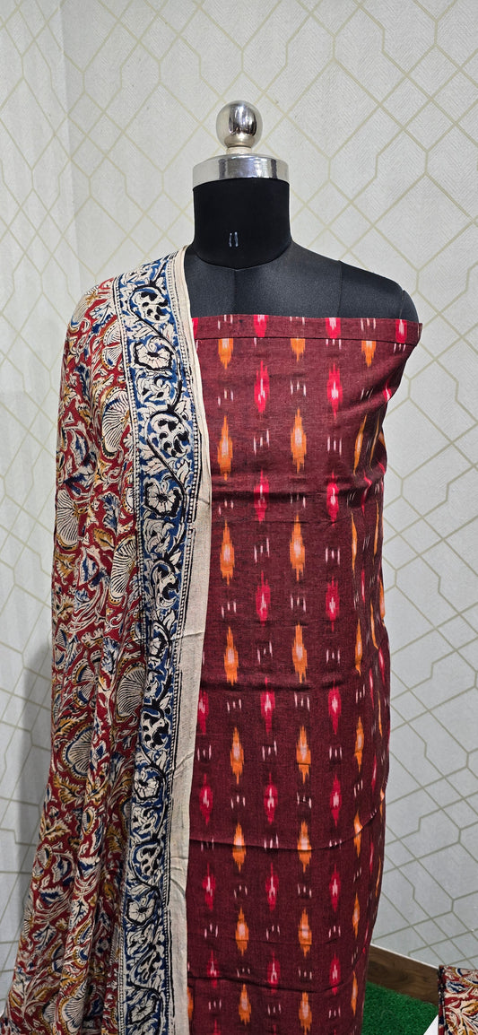 Ikkat Kalamkari Fusion :  3 piece Cotton suit - 01