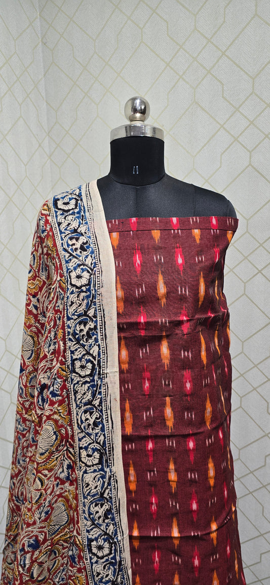 Ikkat Kalamkari Fusion :  3 piece Cotton suit - 06