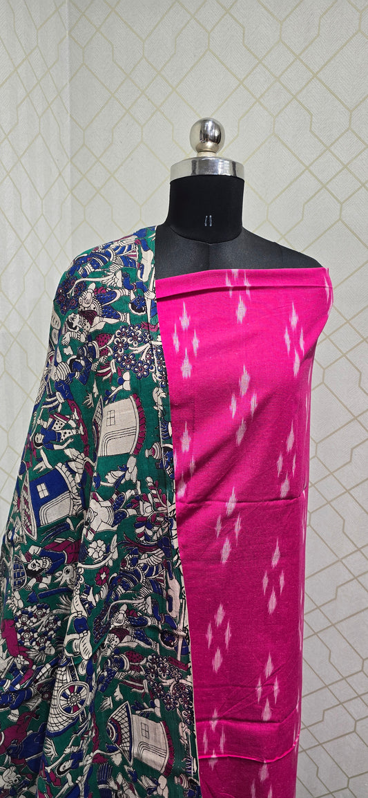 Ikkat Kalamkari Fusion :  3 piece Cotton suit - 12