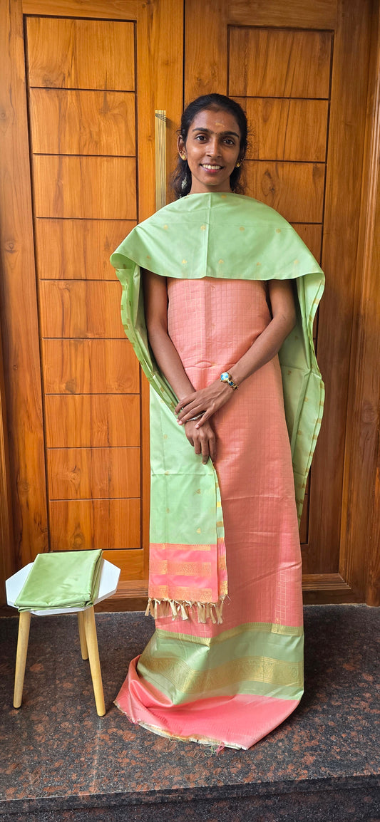 Preorder. Dispatch time 2 weeks. Checks zari weaved semi silk suits - 05