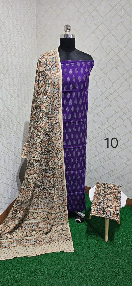 Ikkat Kalamkari Fusion :  3 piece Cotton suit - 10