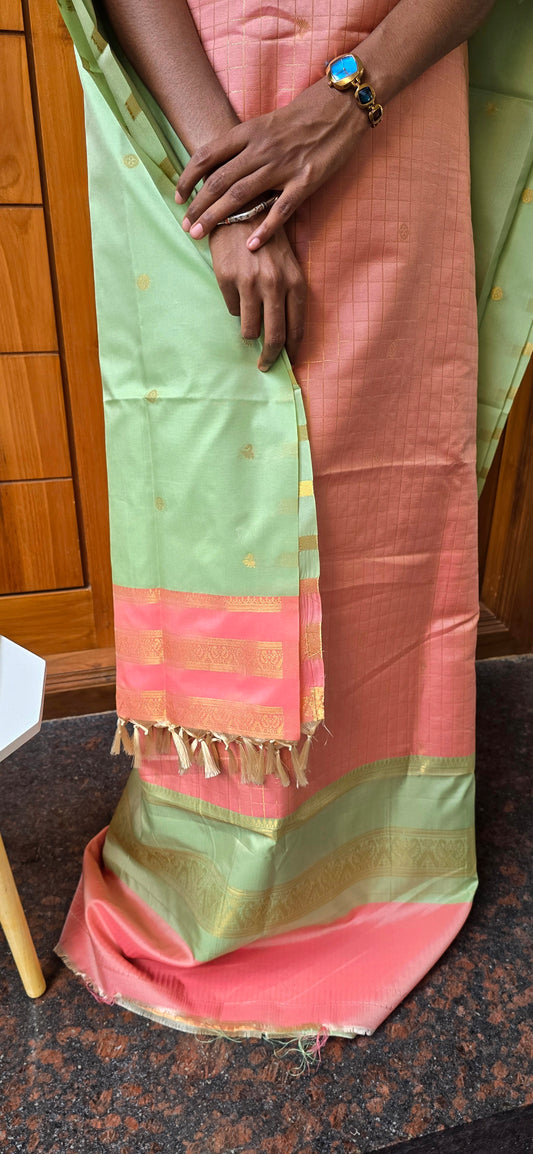 Preorder. Dispatch time 2 weeks. Checks zari weaved semi silk suits - 05