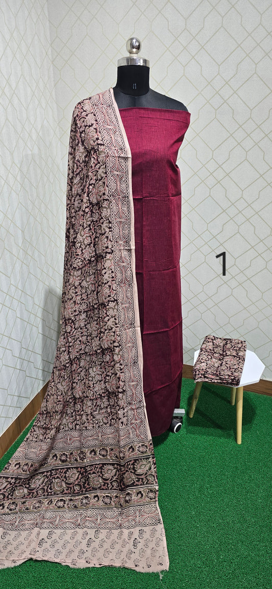 Block Printed Kalamkari 3 piece Cotton suit - 1