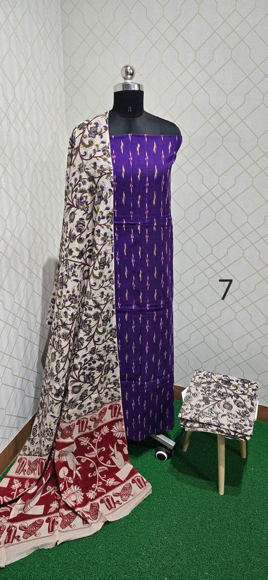 Ikkat Kalamkari Fusion :  3 piece Cotton suit - 07