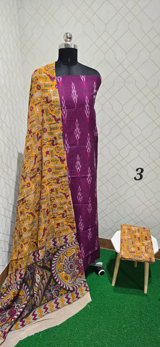 Ikkat Kalamkari Fusion :  3 piece Cotton suit - 03