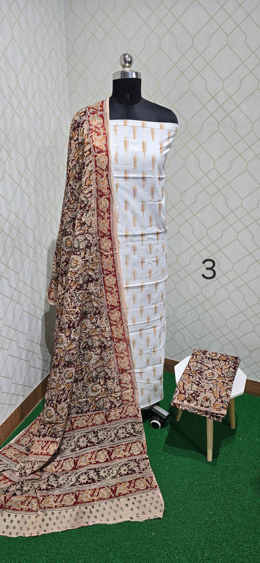 Ikkat Kalamkari Fusion :  3 piece Cotton suit - 03
