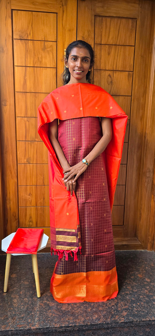 Preorder. Dispatch time 2 weeks. Checks zari weaved semi silk suits - 01