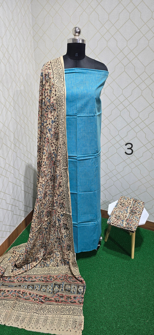 Block Printed Kalamkari 3 piece Cotton suit - 3