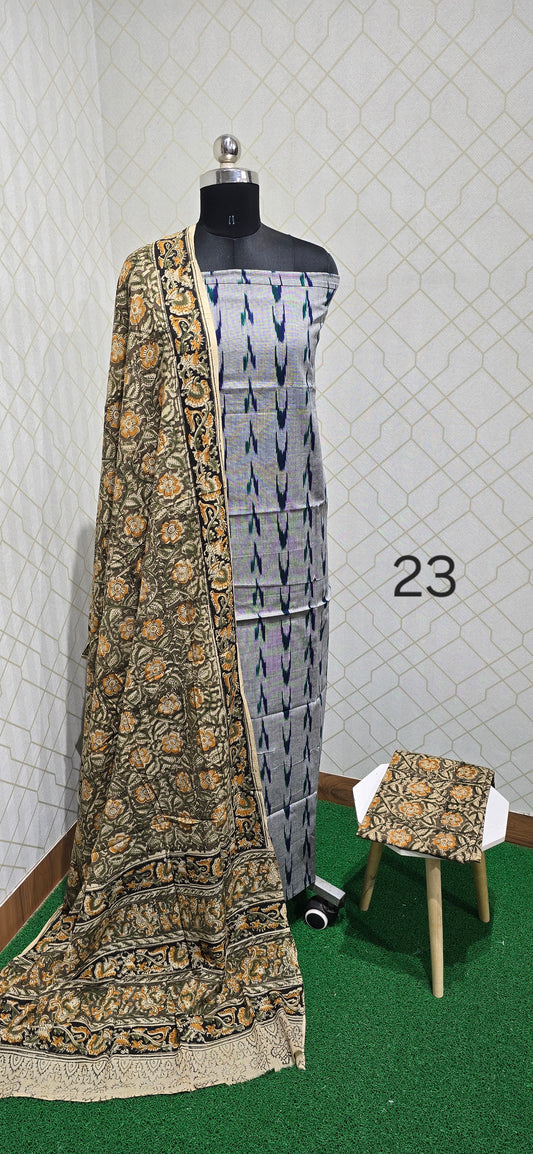 Ikkat Kalamkari Fusion :  3 piece Cotton suit - 23