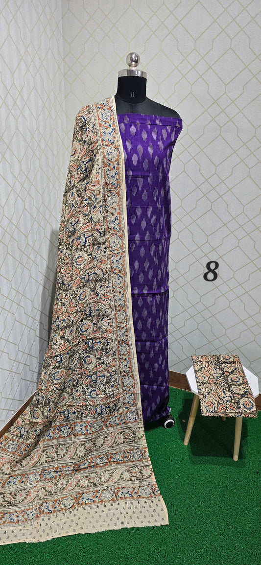 Ikkat Kalamkari Fusion :  3 piece Cotton suit - 08